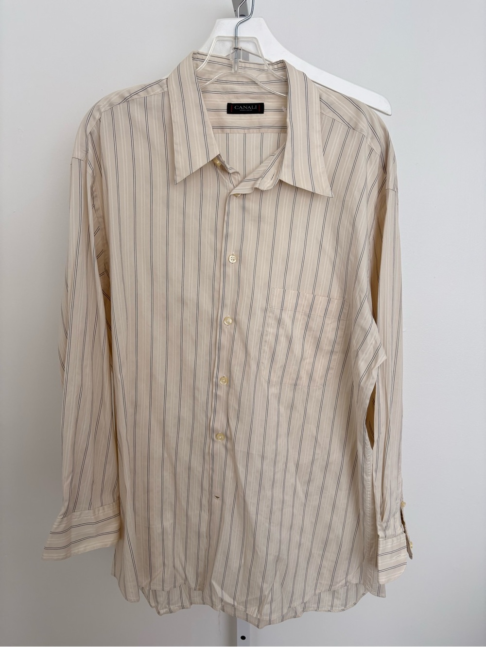 Canali Beige Shirt with Subtle Blue Stripes